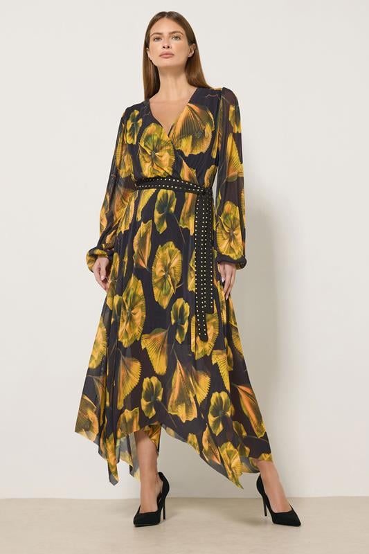 Women's  STAR Black Floral Mesh Pleated Maxi Dress