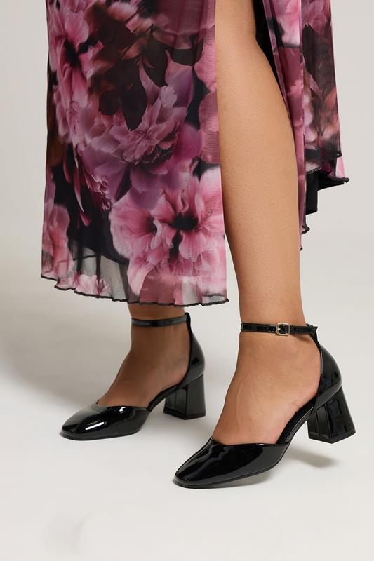 Plus Size  Yours Black Patent Block Mary Jane Heels In Extra Wide EEE Fit