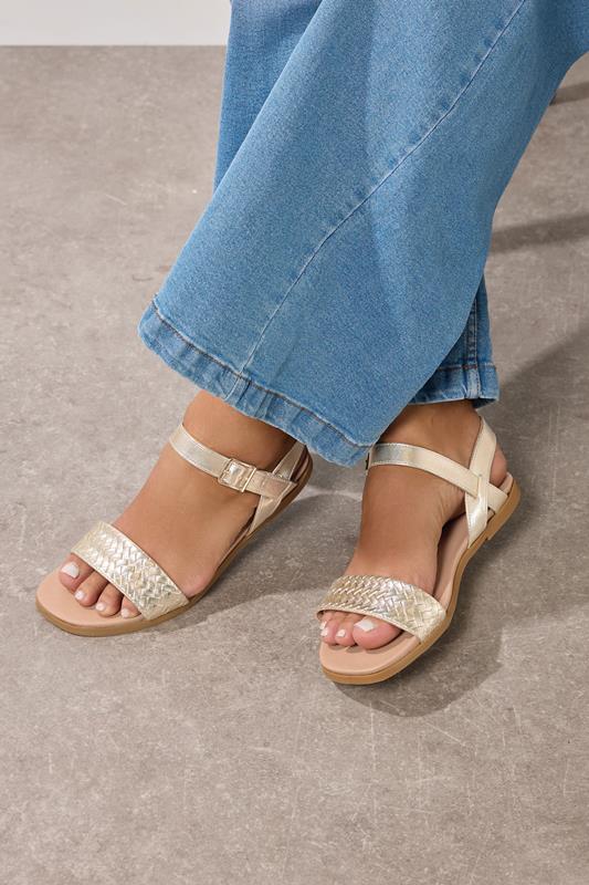 Plus Size  Yours Gold Faux Leather Woven Sandals In Extra Wide EEE Fit