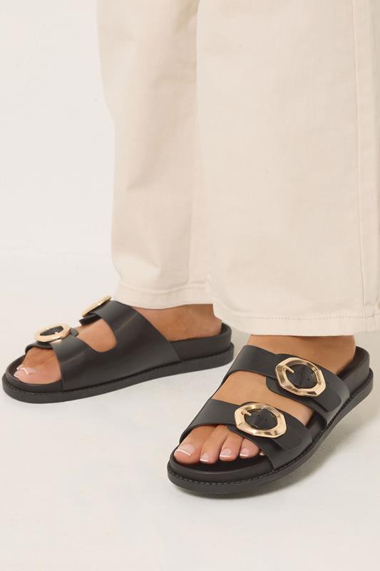 Black Brushed Buckle Mules In Extra Wide EEE Fit | Yours Clothing 1