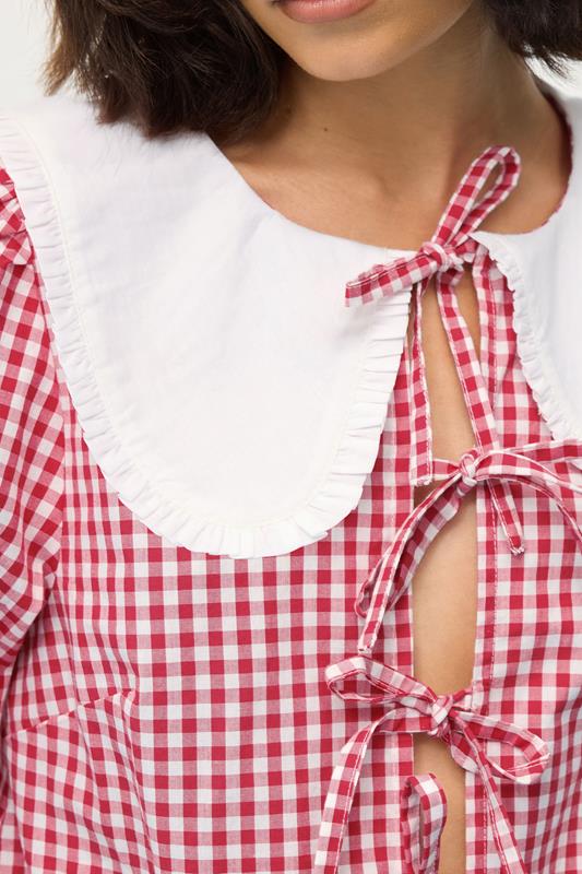 PixieGirl Petite Women's Red Gingham Tie Front Collar Peplum Top | PixieGirl 5