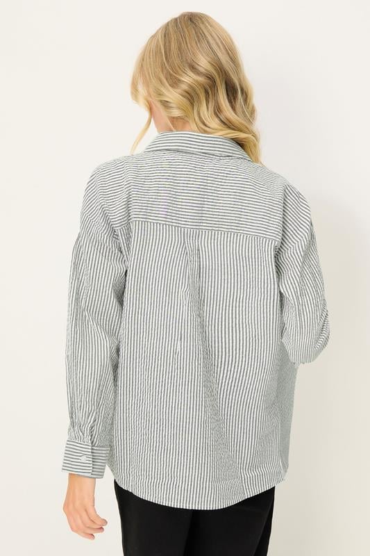 PixieGirl Petite Women's Grey Stripe Long Sleeve Shirt | PixieGirl 3