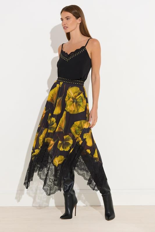   STAR Yellow Floral Pleated Mesh Skirt