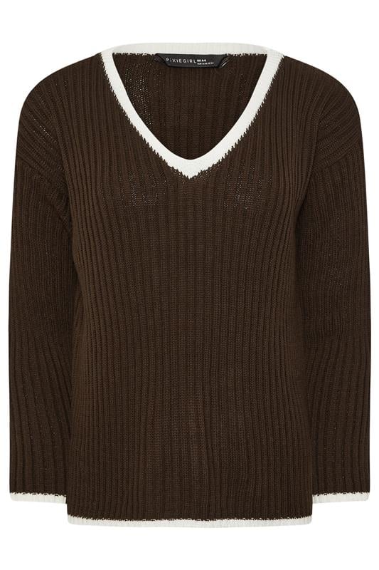 PixieGirl Petite Women's Chocolate Brown Knitted V-Neck Jumper | PixieGirl 1