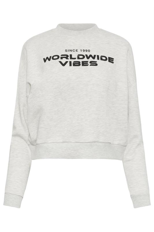 PixieGirl Petite Womens Light Grey 'Worldwide Vibes' Slogan Cropped Sweatshirt | PixieGirl 5
