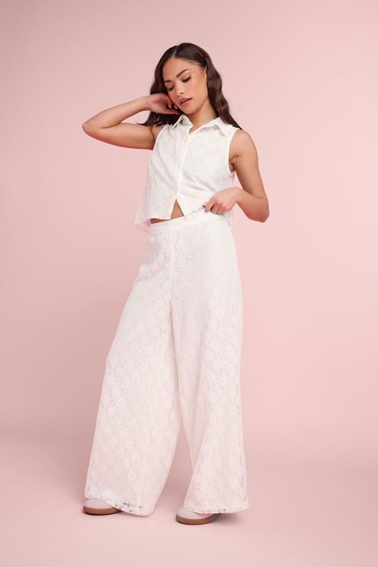 PixieGirl Petite Set White Lace Lined Shirt & Wide Leg Trousers