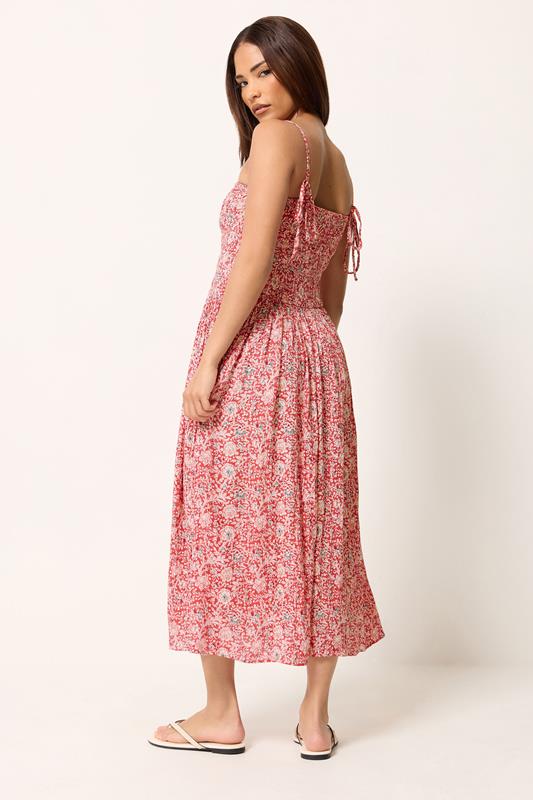 PixieGirl Petite Women's Red Floral Shirred Linen Midi Dress | PixieGirl 2