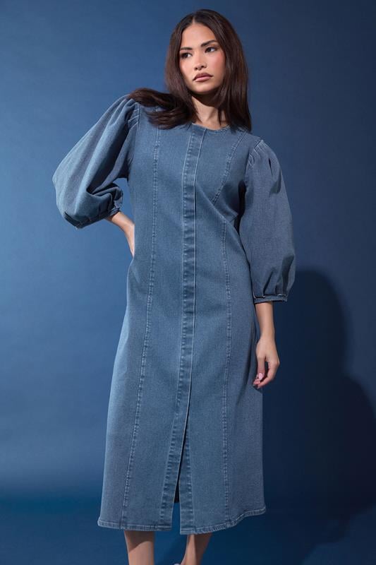  PixieGirl Petite Mid Blue Puff Sleeve Cotton Midi Dress