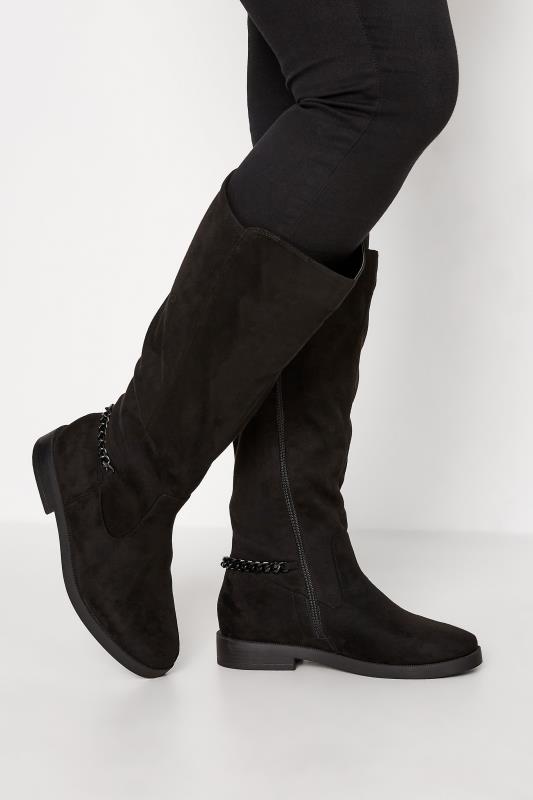 Plus Size  Yours Curve Black Suede Knee High Chain Detail Boots In Wide E Fit & Extra Wide EEE Fit