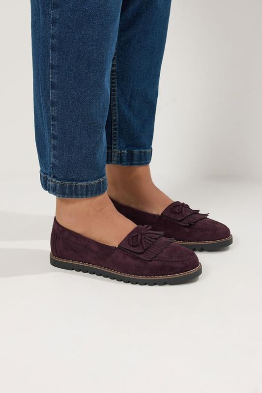  Yours Burgundy Red Faux Suede Fringe Loafers In Wide E Fit