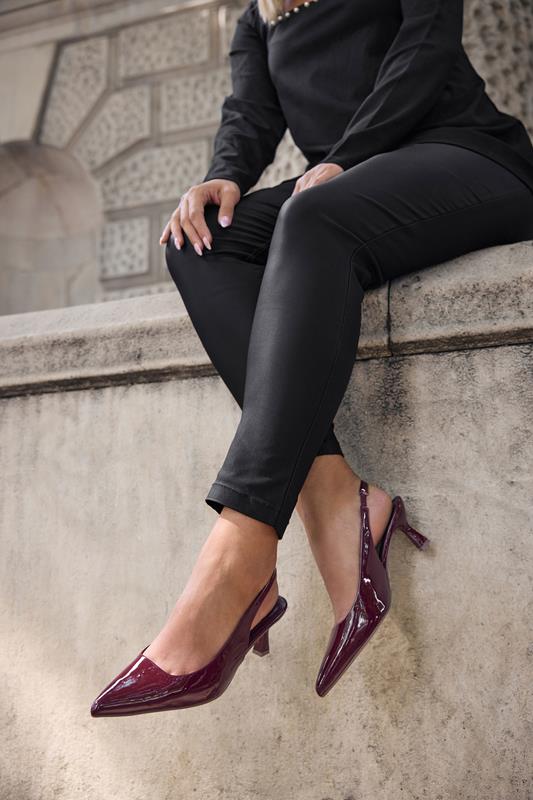 Plus Size  Yours Burgundy Red Patent Slingback Kitten Heels In Extra Wide EEE Fit