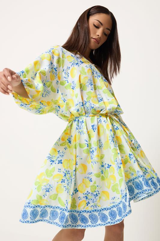 PixieGirl Petite White Lemon Print Shirt Mini Dress