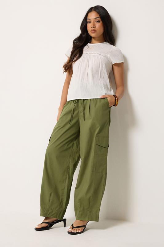 PixieGirl Petite Khaki Green Poplin Cotton Cargo Barrel Leg Trousers