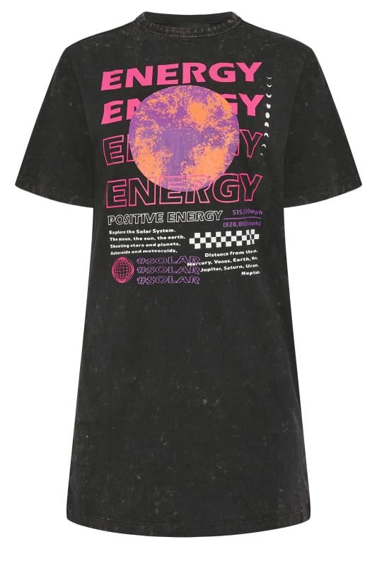 PixieGirl Petite Womens Black Acid Wash 'Energy' Slogan Oversized T-Shirt Dress | PixieGirl 6