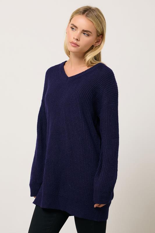 M&Co Petite Navy Blue V-Neck Tunic Jumper | M&Co  1