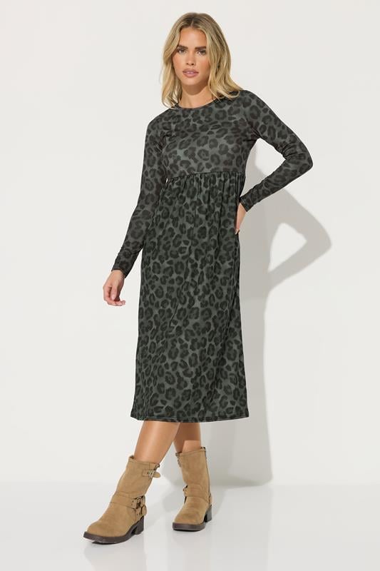 Petite  PixieGirl Petite Khaki Green Leopard Print Smock Dress
