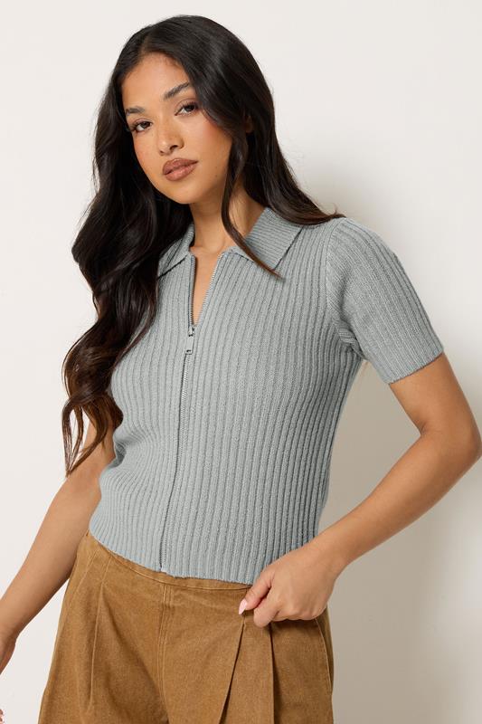 PixieGirl Petite Grey Short Sleeve Knitted Zip Cardigan
