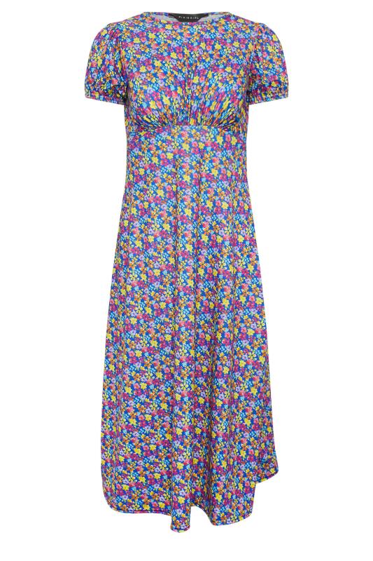 PixieGirl Petite Womens Blue & Pink Floral Print Puff Sleeve Midi Dress | PixieGirl 5