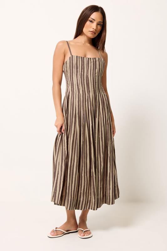 PixieGirl Petite Women's Brown Stripe Midi Dress | PixieGirl 1