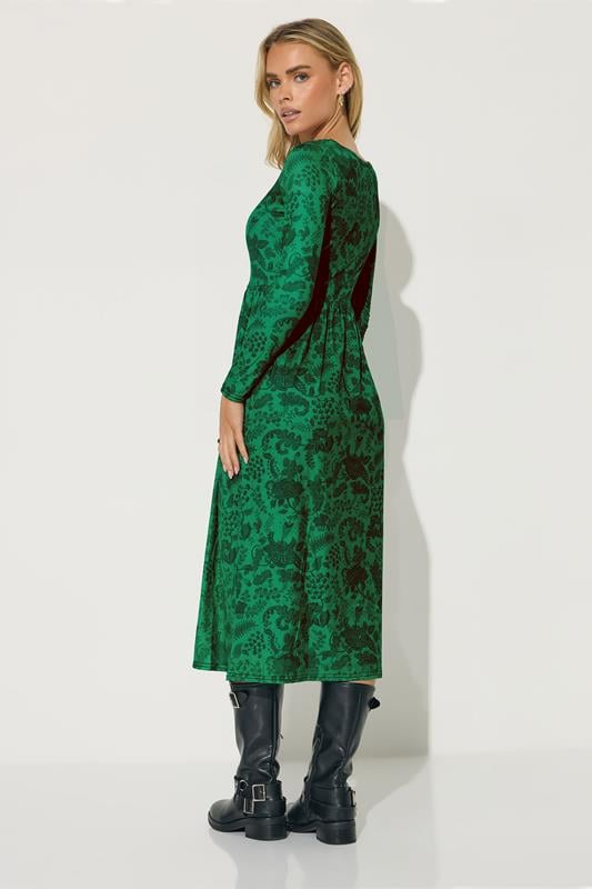 PixieGirl Petite Women's Green Paisley Print Midi Tea Dress | PixieGirl 3