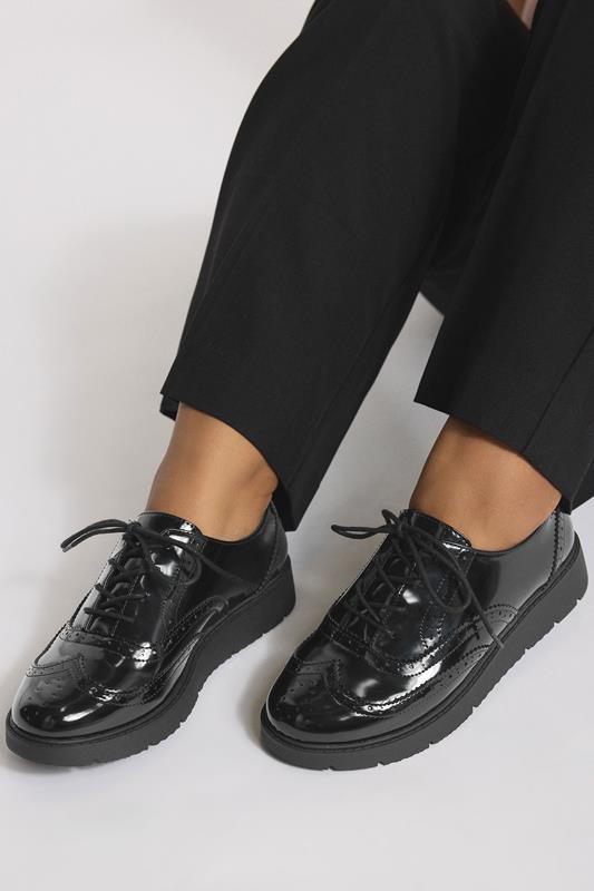 Plus Size  Yours Black Patent Lace Up Brogue Flats In Extra Wide EEE Fit