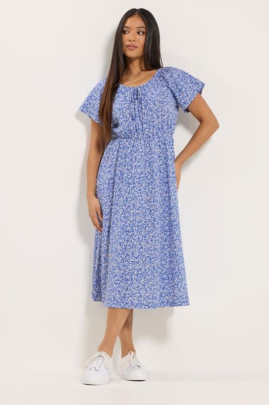 M&Co Petite Blue Leaf Print Tie Neck Cotton Midi Dress | M&Co 1