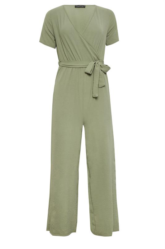 Petite Khaki Green Crepe Belted Wrap Jumpsuit | PixieGirl  6