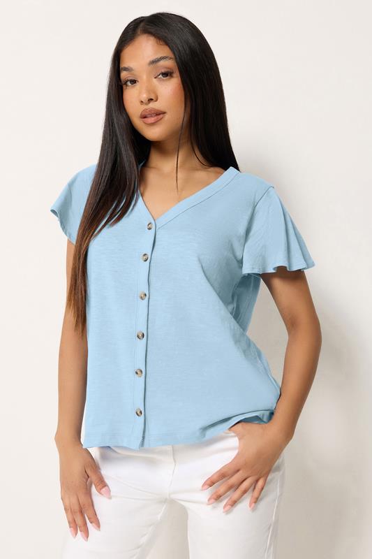 M&Co Petite Blue Cotton Frill Sleeve Blouse
