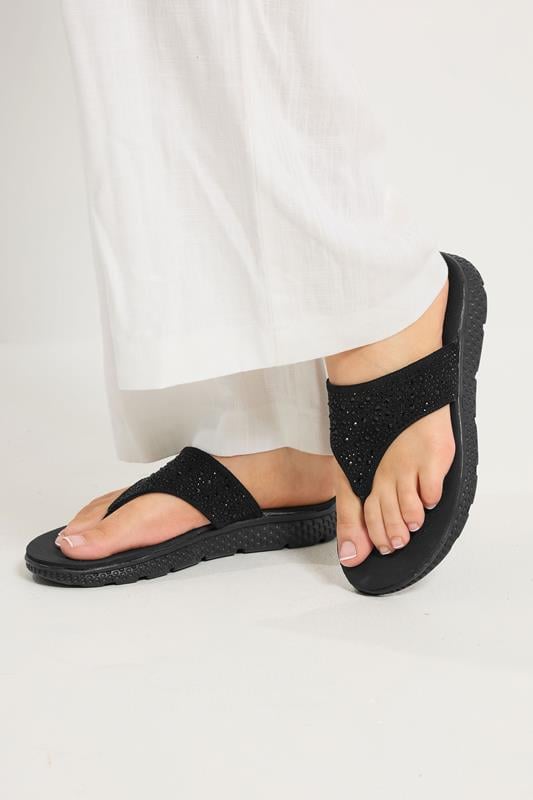  Yours Black Diamante T-Bar Sandals In Wide E Fit