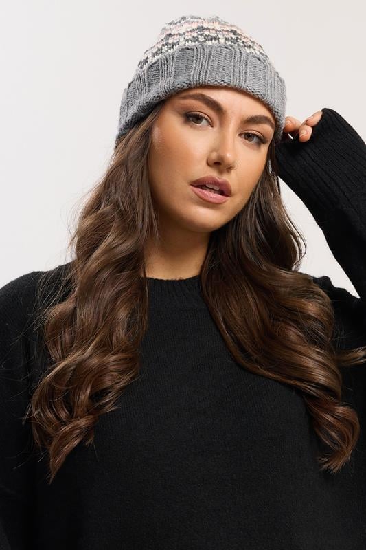Plus Size  Yours Grey Fairisle Beanie Hat