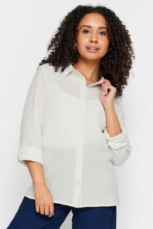  M&Co Petite Ivory White Textured Tab Sleeve Shirt