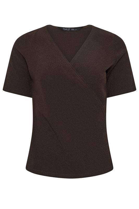  M&Co Petite Chocolate Brown Textured Wrap Top