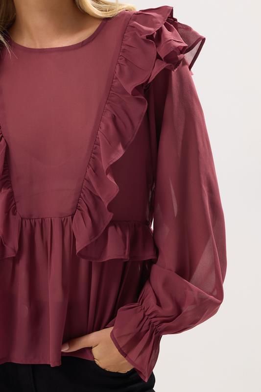 PixieGirl Petite Women's Burgundy Red Frill Shoulder Chiffon Blouse | PixieGirl 4