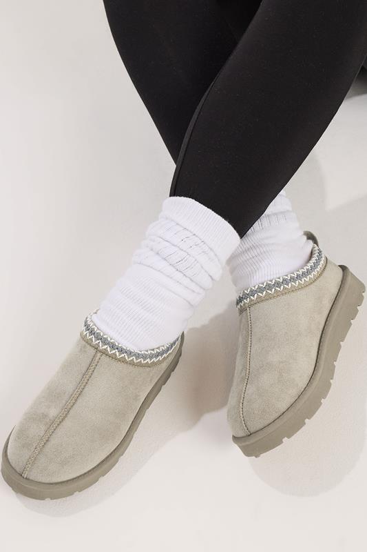 Plus Size  Yours Grey Faux Suede Embroidered Mules In Standard Fit