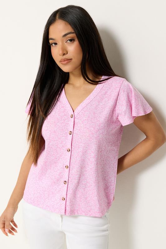 M&Co Petite Pink Ditsy Floral Cotton Frill Sleeve Blouse