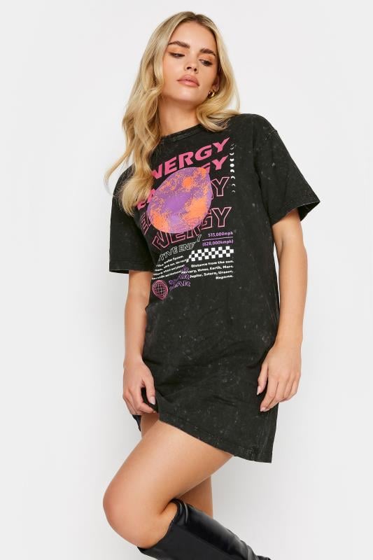 PixieGirl Petite Womens Black Acid Wash 'Energy' Slogan Oversized T-Shirt Dress | PixieGirl 2