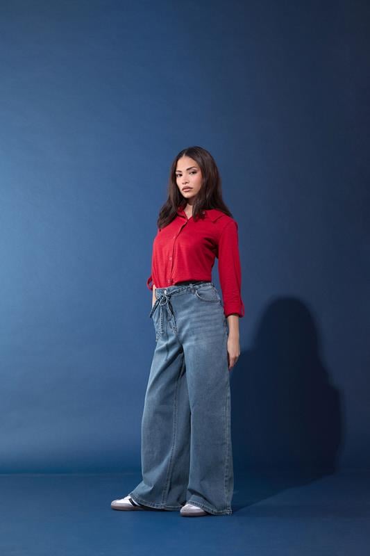 PixieGirl Petite Blue Mid Wash Belt Tie Cotton Wide Leg Jeans