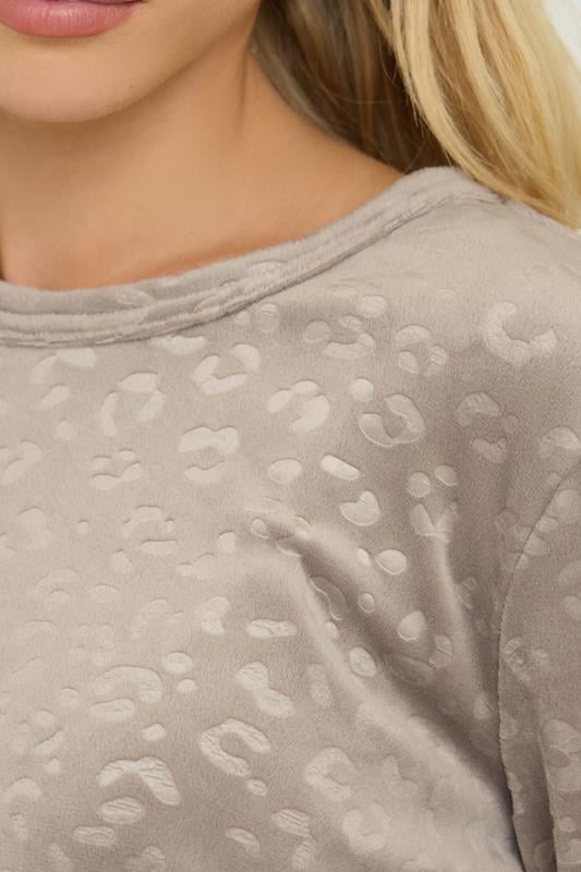PixieGirl Petite Women's Stone Brown Leopard Embossed Luxe Fleece Pyjama Set | PixieGirl 4