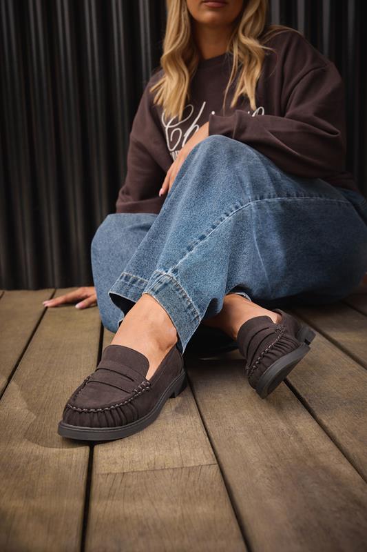 Plus Size  Yours Chocolate Brown Faux Suede Ruched Front Loafers In Extra Wide EEE Fit