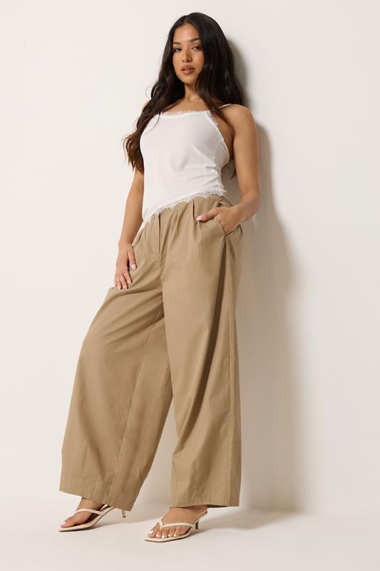  PixieGirl Petite Stone Brown Pleated Cotton Barrel Trousers