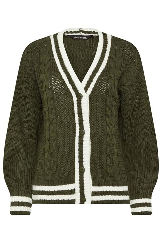 Petite  PixieGirl Petite Khaki Green Contrast Cable Knit Cardigan