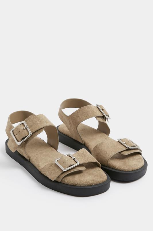 Taupe Brown Buckle Chunky Sandals In Wide E Fit