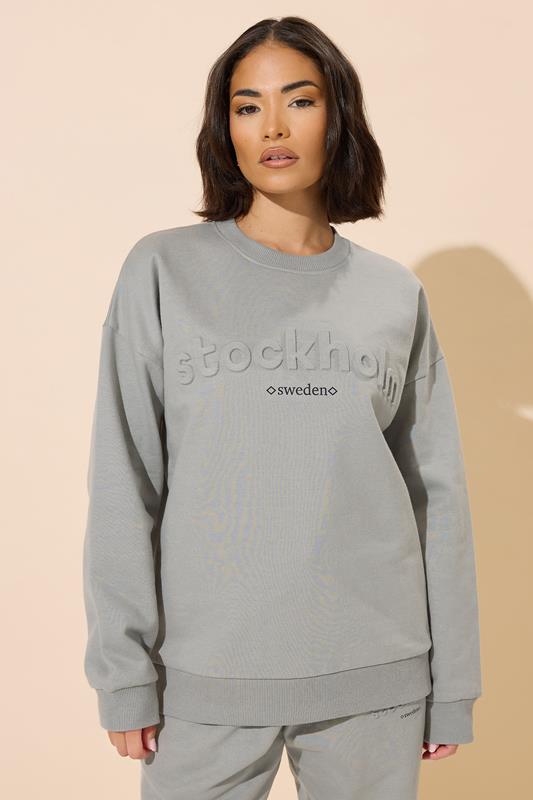 PixieGirl Petite Women's Grey 'Stockholm' Slogan Embossed Sweatshirt | PixieGirl 3