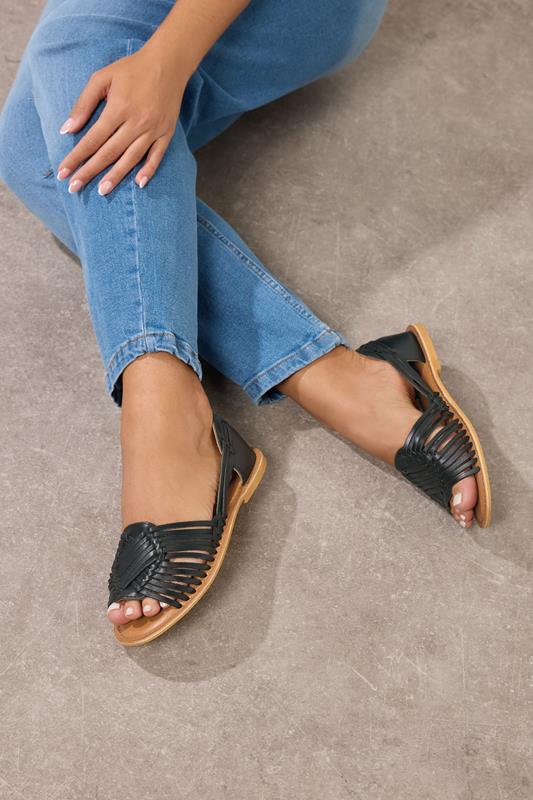 Plus Size  Yours Black Leather Woven Flat Sandals In Wide E Fit & Extra Wide EEE Fit