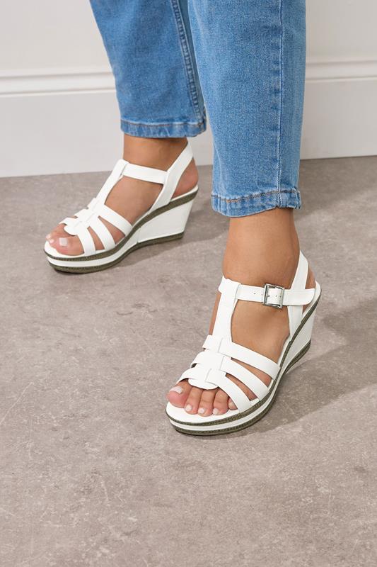 White Faux Leather T-Bar Wedge Sandals In Wide E Fit & Extra Wide EEE Fit | Yours Clothing 2