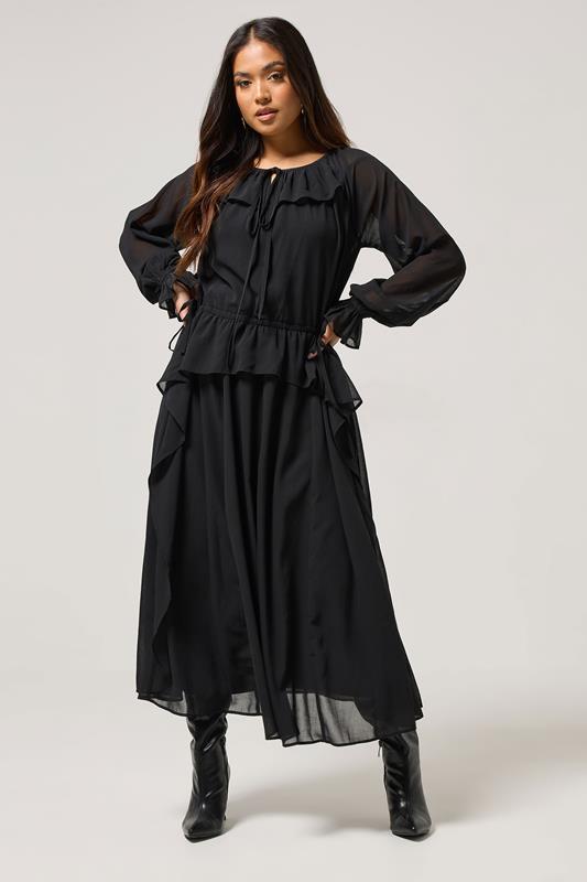 PixieGirl Petite Women's Black Chiffon Frill Tie Waist Maxi Dress | PixieGirl 3