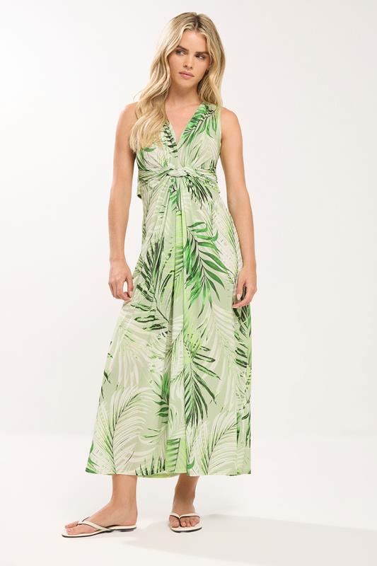  M&Co Petite Green Palm Print Knot Front Maxi Dress