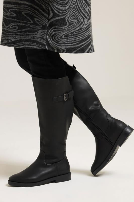 Plus Size  Yours Black Faux Leather Buckle Detail Knee High Boots In Extra Wide EEE Fit