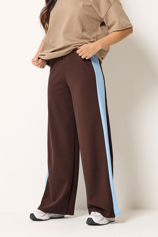 PixieGirl Petite Women's Chocolate Brown Side Stripe Scuba Wide Leg Trousers | PixieGirl 1