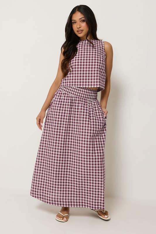 PixieGirl Petite Women's Plum Purple Gingham Cotton Shirred Maxi Skirt | PixieGirl 1
